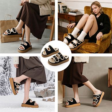 Women’s Plush Lined Double Buckle Platform Slide Sandals
