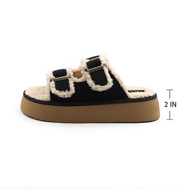 Women’s Plush Lined Double Buckle Platform Slide Sandals