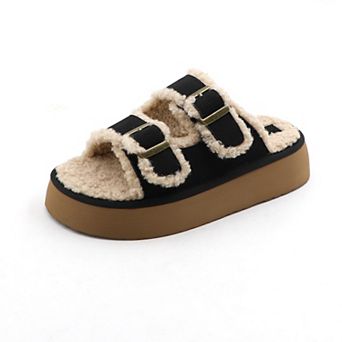 Women’s Plush Lined Double Buckle Platform Slide Sandals