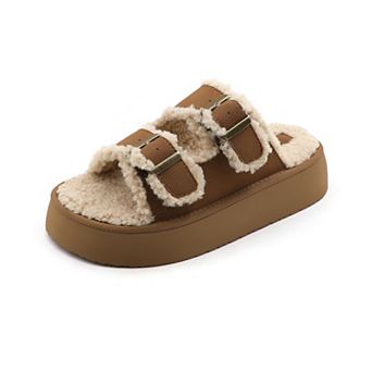 Women’s Plush Lined Double Buckle Platform Slide Sandals