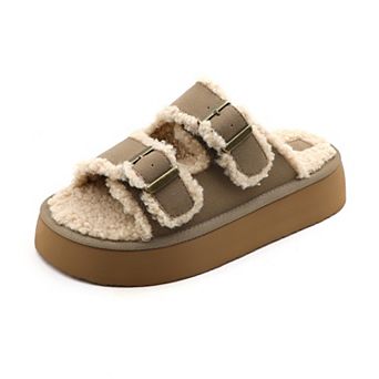 Women’s Plush Lined Double Buckle Platform Slide Sandals
