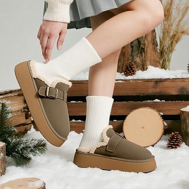 Women’s Plush Lined Buckle Platform Mule Slippers Sandals