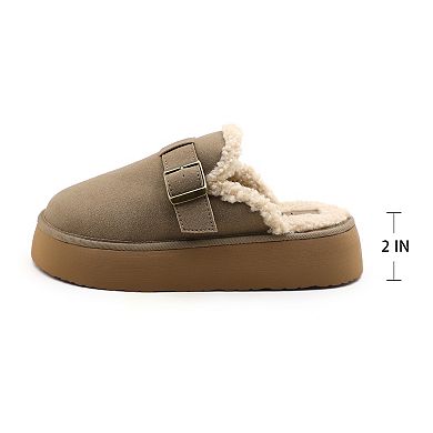 Women’s Plush Lined Buckle Platform Mule Slippers Sandals
