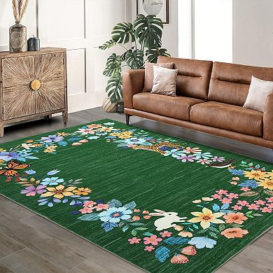 Floral Area Rug - Washable & Non-Slip for Living Room, Bedroom, Kitchen