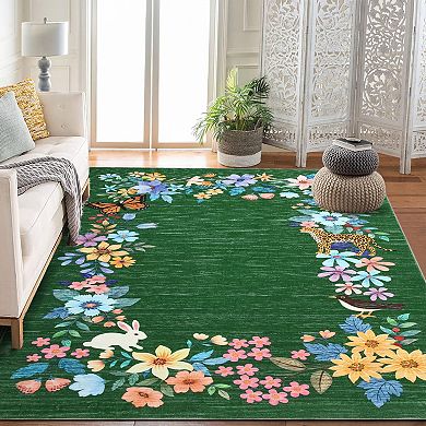Floral Area Rug - Washable & Non-Slip for Living Room, Bedroom, Kitchen