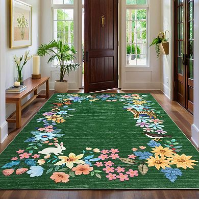 Floral Area Rug - Washable & Non-Slip for Living Room, Bedroom, Kitchen