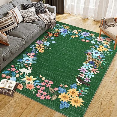 Floral Area Rug - Washable & Non-Slip for Living Room, Bedroom, Kitchen