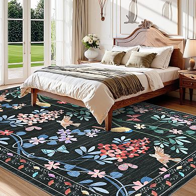 Floral Bird Washable Rug Non-Slip Soft Kitchen & Living Room Carpet