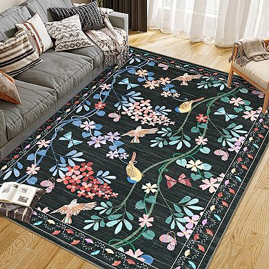 Floral Bird Washable Rug Non-Slip Soft Kitchen & Living Room Carpet