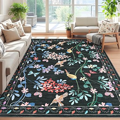 Floral Bird Washable Rug Non-Slip Soft Kitchen & Living Room Carpet