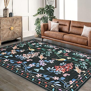 Floral Bird Washable Rug Non-Slip Soft Kitchen & Living Room Carpet