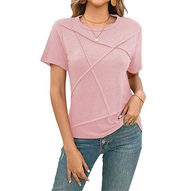 Womens Summer Tops Pleated Round Neck Short Sleeve Casual Basic Business T Shirts
