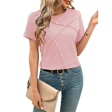 Womens Summer Tops Pleated Round Neck Short Sleeve Casual Basic Business T Shirts