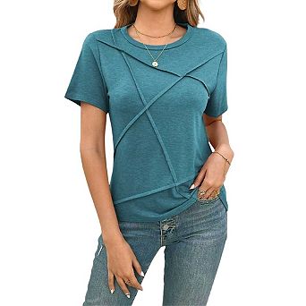 Womens Summer Tops Pleated Round Neck Short Sleeve Casual Basic Business T Shirts