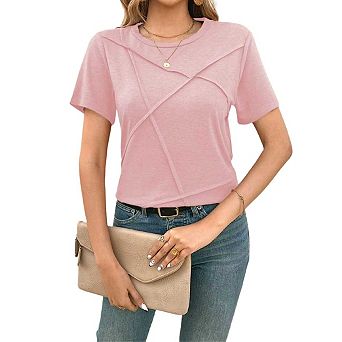 Womens Summer Tops Pleated Round Neck Short Sleeve Casual Basic Business T Shirts