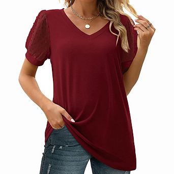 Women's Summer V-Neck Short Sleeve T-Shirt Mesh Splice Loose Top Daily Loose Versatile Top