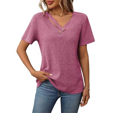 Womens Short Sleeve V Neck T Shirts Casual Basic Ribbed Knit Work Tops