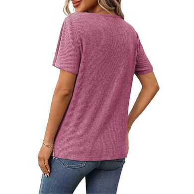 Womens Short Sleeve V Neck T Shirts Casual Basic Ribbed Knit Work Tops