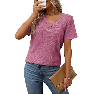 Womens Short Sleeve V Neck T Shirts Casual Basic Ribbed Knit Work Tops