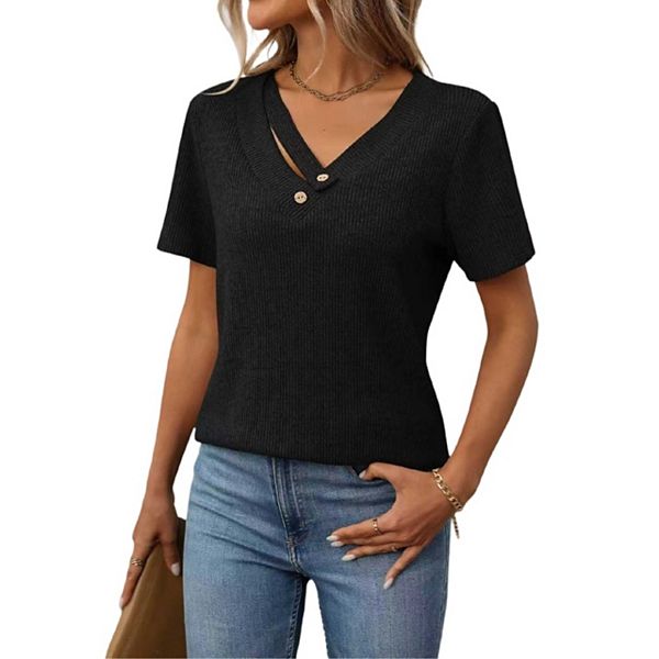 Womens Short Sleeve V Neck T Shirts Casual Basic Ribbed Knit Work Tops