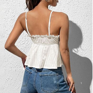 Women's Eyelet Peplum Cami Top Ruffled V Neck Tie Front Spaghetti Strap Blouse