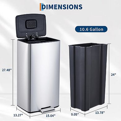 10.6 Gal Kitchen Trash Can, Stainless Steel Garbage Can with Soft Close Lid, Waste Bin with Filter