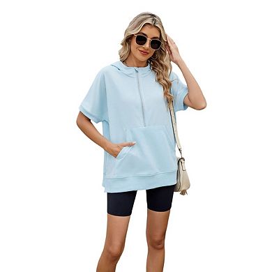 Womens Oversized Hoodies Half Zip Short Sleeve Sweatshirts Loose Casual Pullover Summer Tops Blouse