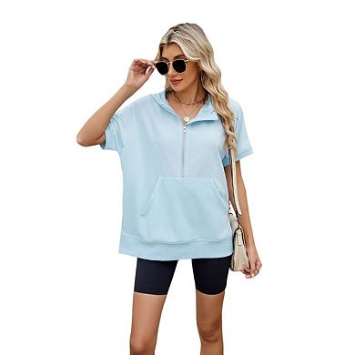Womens Oversized Hoodies Half Zip Short Sleeve Sweatshirts Loose Casual Pullover Summer Tops Blouse