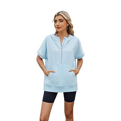 Womens Oversized Hoodies Half Zip Short Sleeve Sweatshirts Loose Casual Pullover Summer Tops Blouse