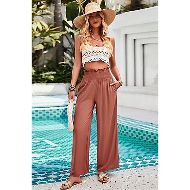 Womens Wide Leg Long Pants Elastic Waisted Casual Pull On Beach Trousers