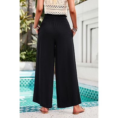Womens Wide Leg Long Pants Elastic Waisted Casual Pull On Beach Trousers