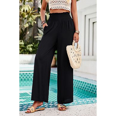 Womens Wide Leg Long Pants Elastic Waisted Casual Pull On Beach Trousers