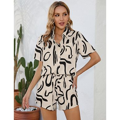 Women's Casual 2 Piece Matching Set Short Sleeve Button Down Shirt Shorts with Pockets