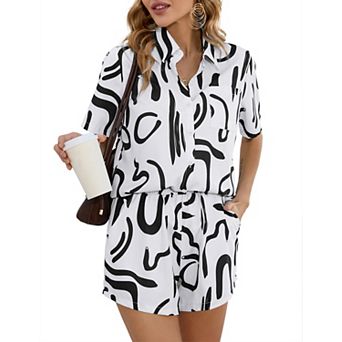 Women's Casual 2 pc Matching Set Short Sleeve Button Down Shirt Shorts with Pockets