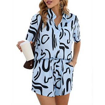 Women's Casual 2 pc Matching Set Short Sleeve Button Down Shirt Shorts with Pockets