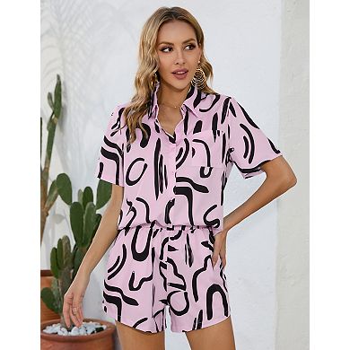 Women's 2 Piece Button Down Short Sleeve Shirt and Shorts Set With Pockets