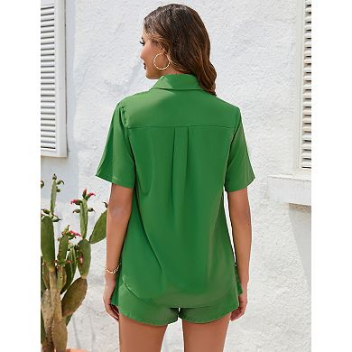 Women's 2 Piece Button Down Short Sleeve Shirt and Shorts Set With Pockets