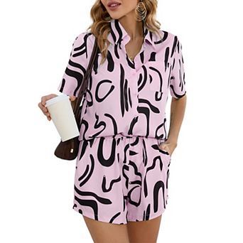 Women's 2 pc Button Down Short Sleeve Shirt and Shorts Set With Pockets