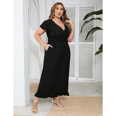 Women's Plus Size Short Sleeve One Piece Outfit Elastic Waist Wide Leg Jumpsuits