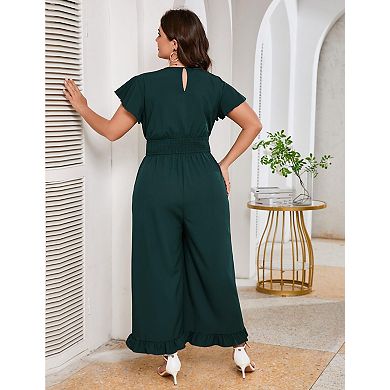 Women's Plus Size Short Sleeve One Piece Outfit Elastic Waist Wide Leg Jumpsuits