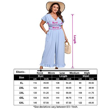 Women's Plus Size Short Sleeve One Piece Outfit Elastic Waist Wide Leg Jumpsuits