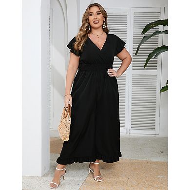 Women's Plus Size Short Sleeve One Piece Outfit Elastic Waist Wide Leg Jumpsuits