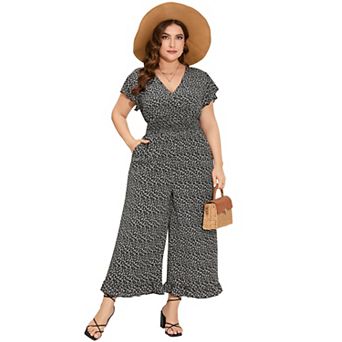 Women's Plus Size Short Sleeve One Piece Outfit Elastic Waist Wide Leg Jumpsuits