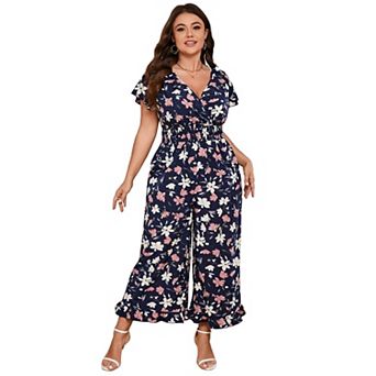 Women's Plus Size Short Sleeve One Piece Outfit Elastic Waist Wide Leg Jumpsuits