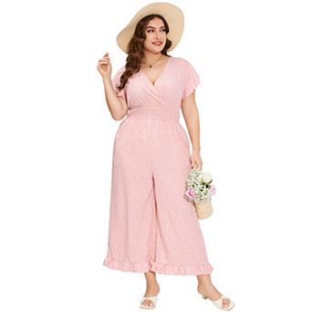 Women's Plus Size Short Sleeve One Piece Outfit Elastic Waist Wide Leg Jumpsuits