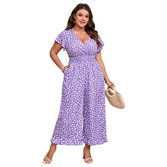 Women's Plus Size Short Sleeve One Piece Outfit Elastic Waist Wide Leg Jumpsuits