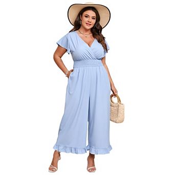 Women's Plus Size Short Sleeve One Piece Outfit Elastic Waist Wide Leg Jumpsuits