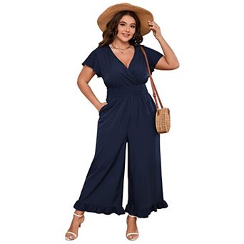 Women's Plus Size Short Sleeve One Piece Outfit Elastic Waist Wide Leg Jumpsuits