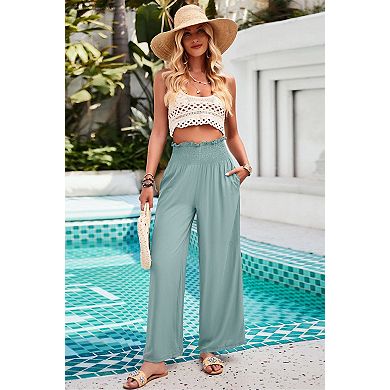 Womens High Waisted Wide Leg Long Pants Elastic Waisted Casual Pull On Beach Trousers