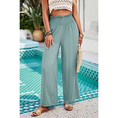 Womens High Waisted Wide Leg Long Pants Elastic Waisted Casual Pull On Beach Trousers